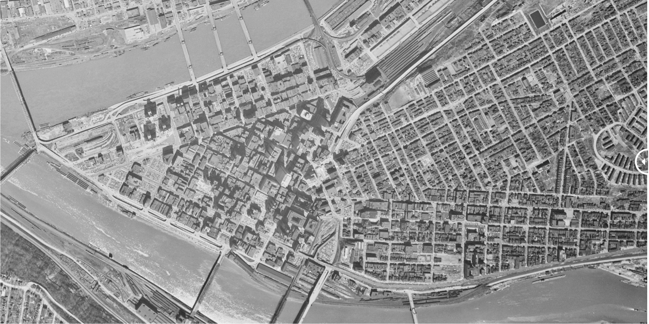 Downtown Pittsburgh 1954 Before Federal Highway Construction and Urban renewal. Figure from [iqc](https://iqc.ou.edu/2015/01/21/60yrsnortheast/)
