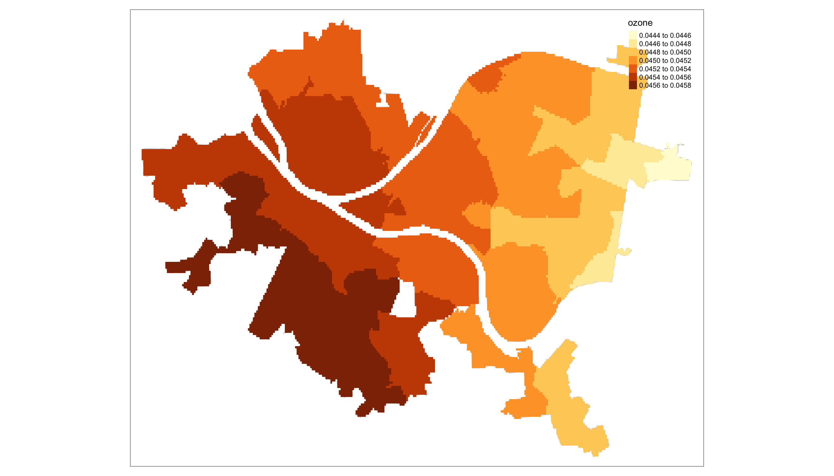 Estimated Ozone Surface across PGH using Neighborhood Centroids as prediction points for each Neighborhood's surface.