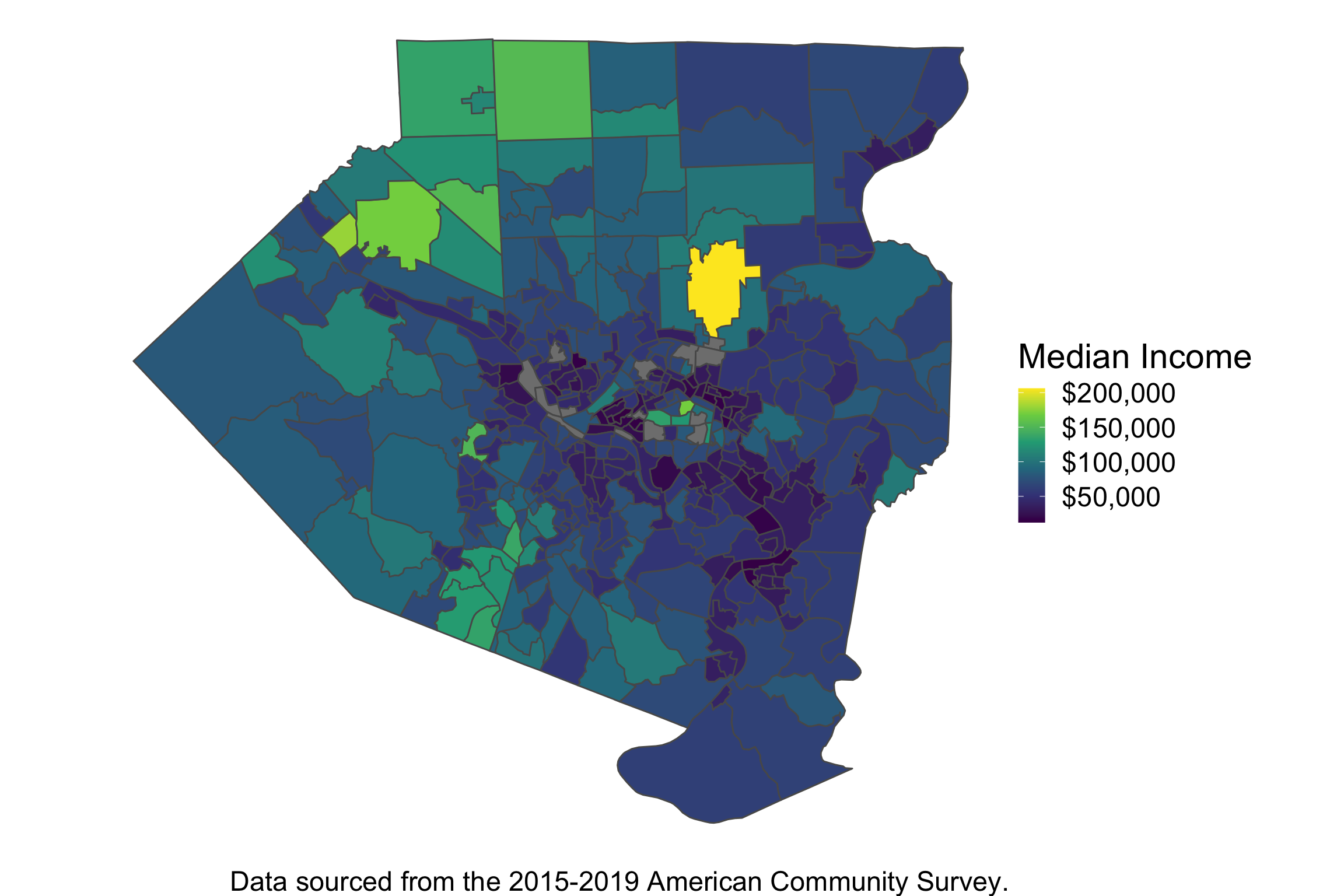 Distribution of Median Income Across Allegheny County, PA Census Tracts. Note the correlation in wealth across space.
