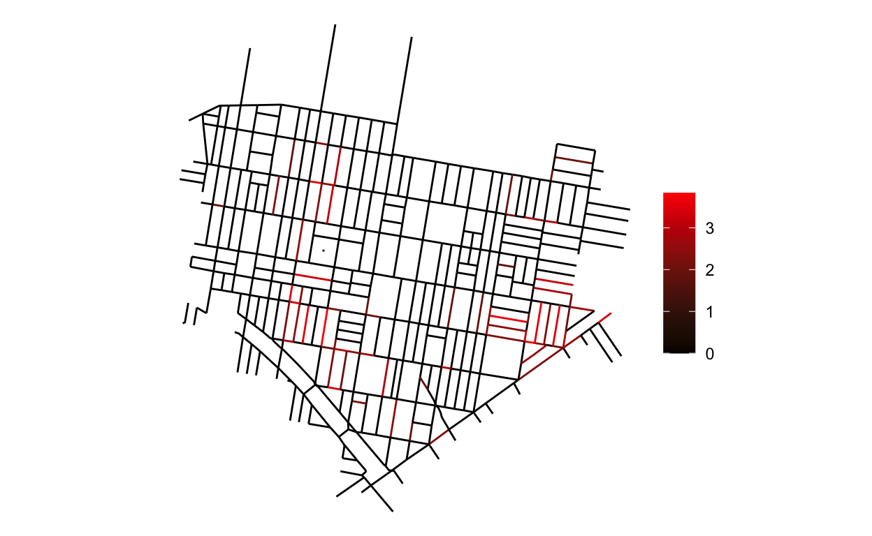 Distribution of median monthly rate ratio deemed credible with 90% probability, as compared to a typical street, of shootings across city streets in Upper Kensington. Non credible effects are shown as 0.