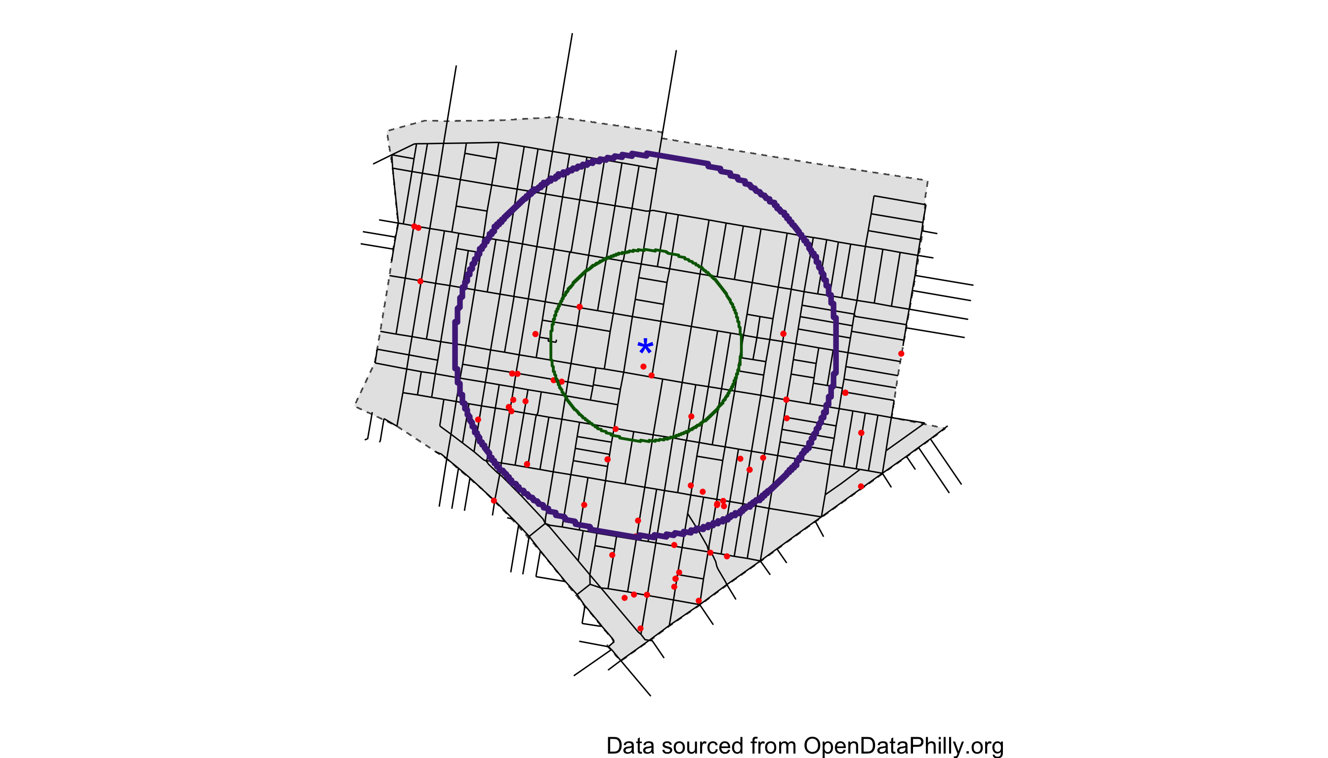 Illustration of buffer zones around hypothetical vacant lot. First buffer in green is used to detect proximal increase/decrease in crime, while the second is used to check for spillover effects by considering the non-overlapping area between the two circles.
